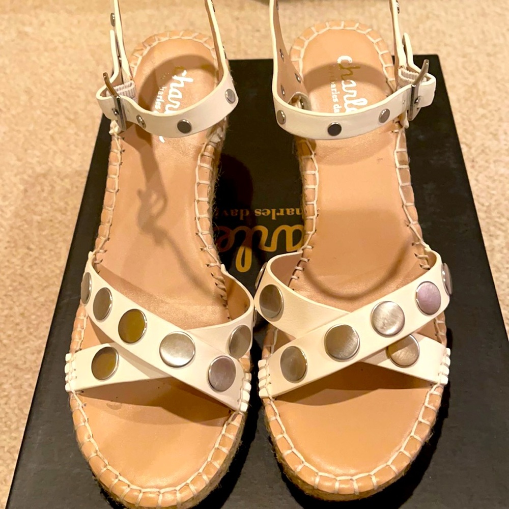 Charles David white, studded wedges, size 8.5.